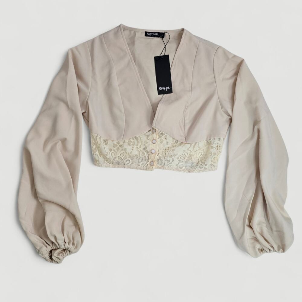 Nastygal NWT V Neck Balloon Cropped Cream Coquette Boho Chic Lace Blouse 8